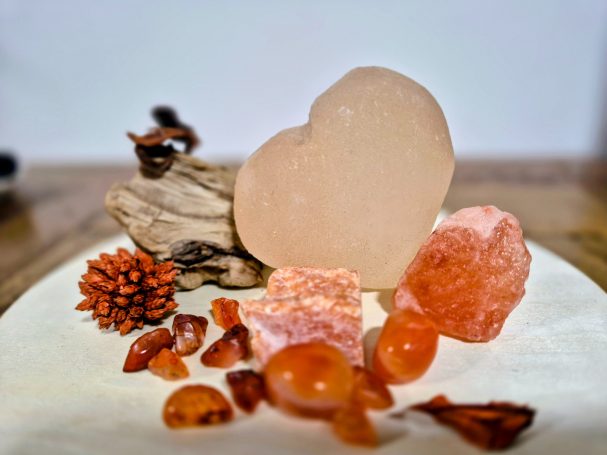 Orange- Carnelian, Sunstone, Amber, Aragonite, Goldstone, Orange Calcite, Peach Moonstone