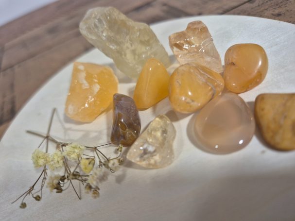 Yellow- Citriene, Mookaite, Yellow Jasper, Honey Calcite, Sulphir, Yellow Apatite